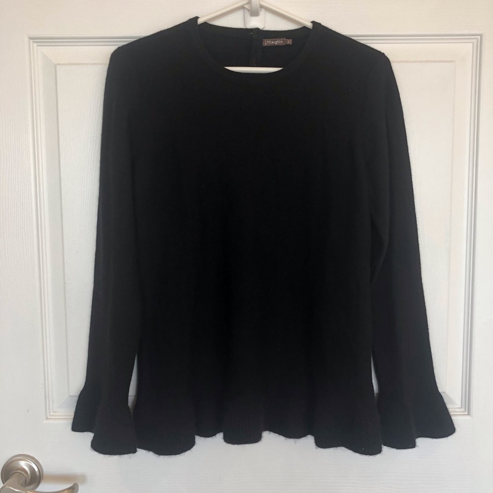 J. McLaughlin cashmere sweater with mini peplum ruffle at hem and cuffs. Black